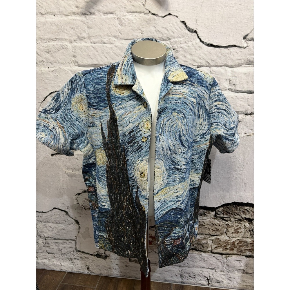 Unique Rebel van Gogh Starry Nights Swirls Thick Tapestry Button Shirt Men's NWT